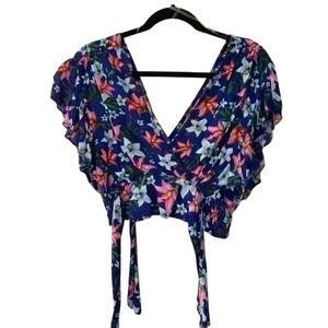 Iky & Me Blue Floral Ruffle‎ Sleeve Wrap Crop Top Smocked Back Medium